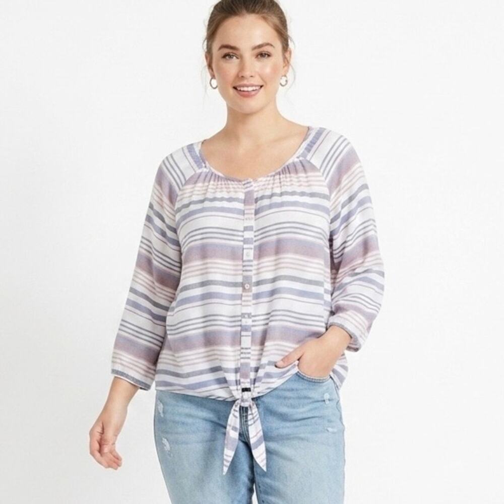 Como Blu Womens Tie Front Blouse Top Size M Striped Button Up Kimono 3/4 Sleeve